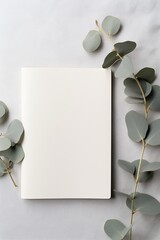 minimalistic, top view mockup with ink and paper on a beige couch with eucalyptus leaves, simple rural life - obrazy, fototapety, plakaty