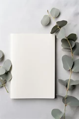 Foto op Canvas minimalistic, top view mockup with ink and paper on a beige couch with eucalyptus leaves, simple rural life © neirfy