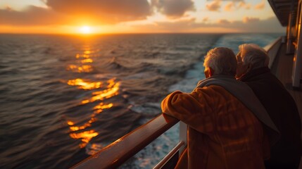 Elderly Couple Watching Sunset from a Cruise Ship