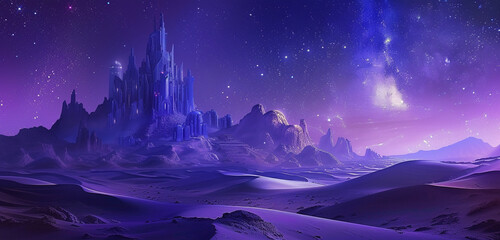 A distant view of a high elf sci-fi palace in navy blue, towering over an oasis with rolling dunes under a deep purple night sky dotted with stars
