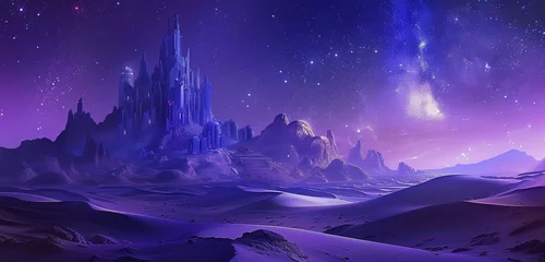 Schilderijen op glas A distant view of a high elf sci-fi palace in navy blue, towering over an oasis with rolling dunes under a deep purple night sky dotted with stars © Riffat