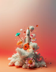 Toy space rocket launching with flowers exiting the motor. Eco friendly rocket fuel conceptual background. - 753812571