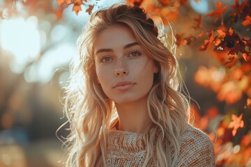 Young woman with a thoughtful expression surrounded by vibrant autumn leaves and warm light