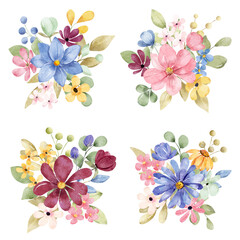 Floral set with watercolor flowers hand painting,  vintage bouquets with pink and blue flowers. Decoration for poster, greeting card, birthday, wedding design. Isolated on white background.