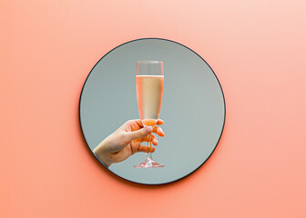 Alcohol problem, virtual celebration background. Hand reaching for the champagne glass through a circular mirror. - 753812782