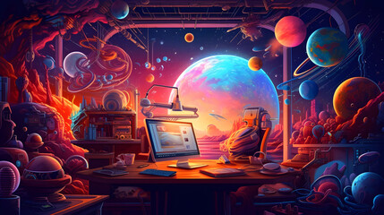 Fantasy astronomer workplace with planets and different sci-fi devices, ai illustration,generative Ai - obrazy, fototapety, plakaty