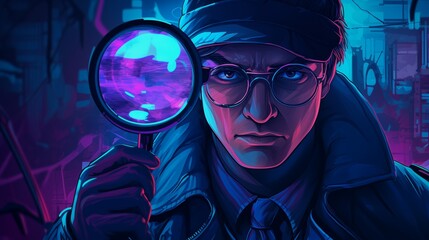 Detective with a magnifying glass in his hands
