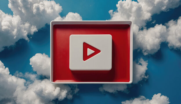 digital play button with arrow symbol in front of cumulus white clouds as background