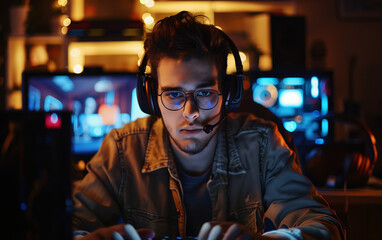 Obraz premium Portrait of a gamer while streaming a video playing from his gaming setup