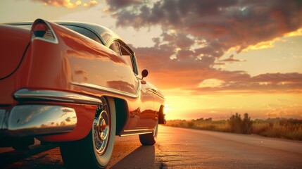 Fototapeta na wymiar Golden age vintage car on a sunset road