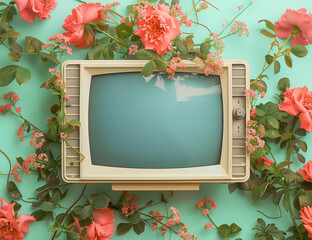 Spring flowers surrounding a retro TV screen. Inspiring, creative visual background. - 753812994