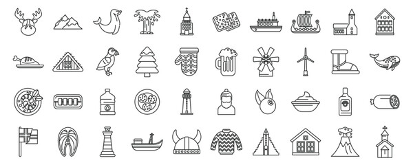 Iceland icons set outline vector. North island polar. Tourist adventure country - obrazy, fototapety, plakaty