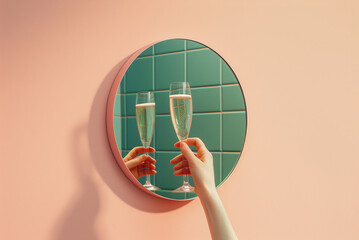 Hand holding a champagne glass next to a mirror. Drinking buddies, social distancing background. - 753813137
