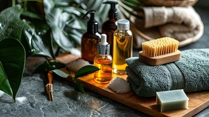 Obraz na płótnie Canvas Men spa set with towels, natural solid shampoo, soap, beard brush and aroma oil, relaxation and zen background