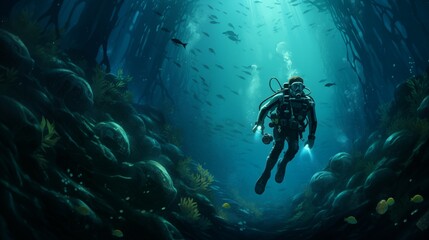 Fototapeta premium A deep-sea diver explores the mysteries of the ocean
