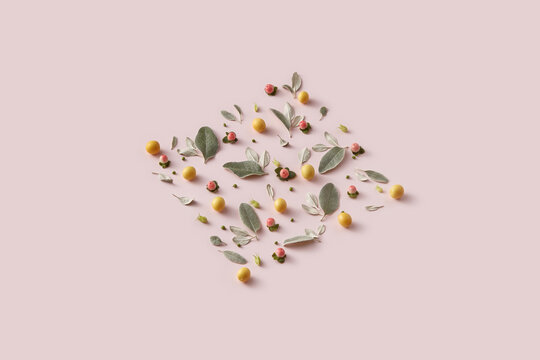 Sage leaves, cherry plums and paradise apples in square form