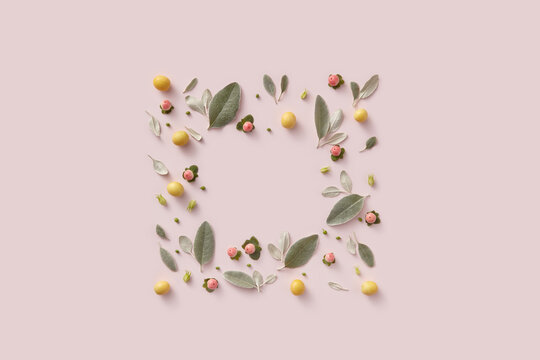Square form of paradise apples, cherry plums and sage leaves