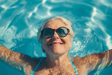 Naklejka premium A joyful elderly woman with sunglasses happily swimming in a pool, embodying leisure and positivity