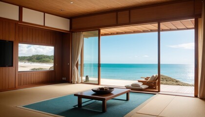 Japanese modern living room with beach and ocean view. 3D render