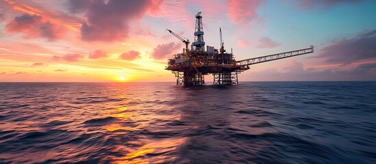 Oil Rig at Sunset in Ocean with Beautiful Sky-blue and Magenta Shades