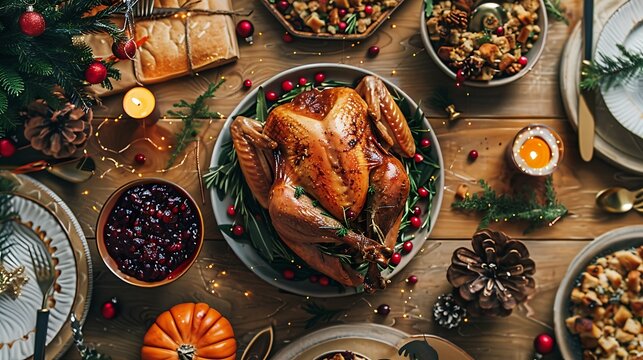 A festive holiday dinner table adorned with roasted turkey, cranberry sauce, and stuffing