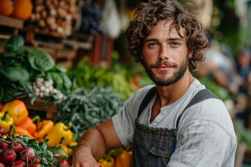 Handsome man standing in front of a market stall filled with colorful fresh vegetables