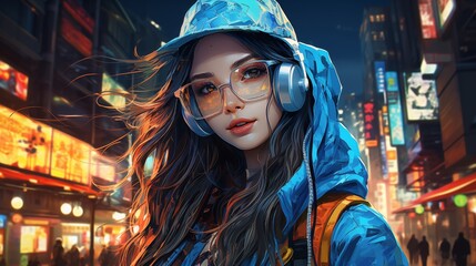 A girl in a hood on the background of a night city