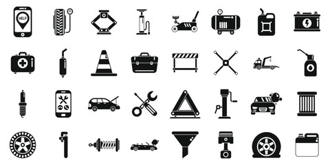 Roadside assistance icons set simple vector. Car accident insurance. Damage vehicle