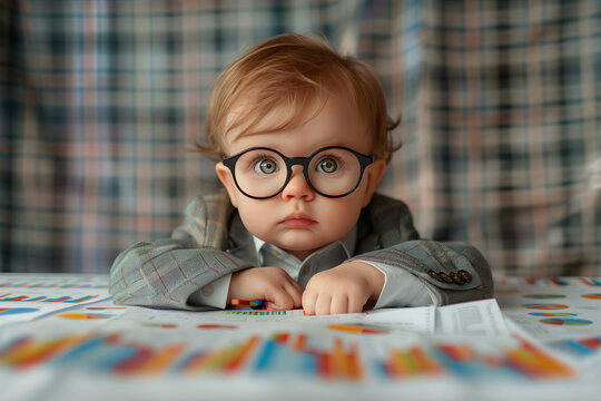 A little boy in a tiny business suit and glasses, pondering over financial charts, symbolizing precocious success