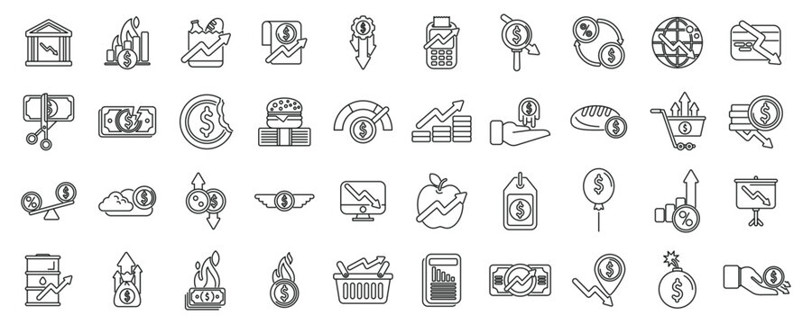 Inflation icons set outline vector. Cost increase money. Business gold rise value