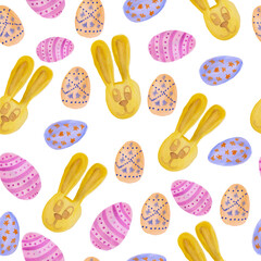 easter bunny pattern watercolor drawing seamless pattern Easter eggs in blue and lilac colors with patterns and bunnies with a smile on a white background pastel colors basis for creativity