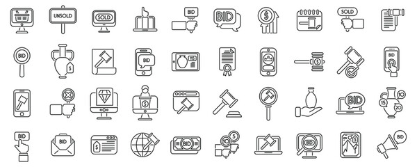 Online auction icons set outline vector. Bid property law. Procurement business money