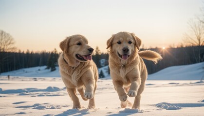 golden retriever dogs running on snow