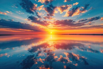 Fiery Sunset Sky Reflecting on Tranquil Lake - obrazy, fototapety, plakaty