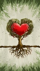 charming illustration of a tiny heart-shaped tree, with intricate roots. The tree is symbolizing love and passion.