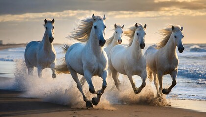 High-quality PHOTO White Stallions GALLOPING ON THE BEACH with ocean waves