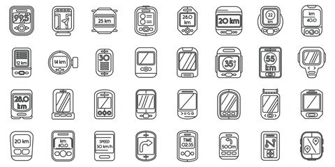Bike computer icons set outline vector. Road digital sports. Healthy speed