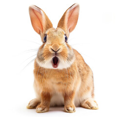 Obraz premium Funny shocked rabbit with open mouth on isolated white background. Big discounts, surprise, news, raffle concept. Generated AI