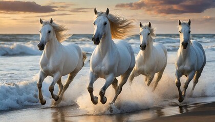 High-quality PHOTO White Stallions GALLOPING ON THE BEACH with ocean waves