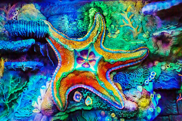 Mosaic in the form of a starfish with beautiful bright rays of red yellow green on a background of corals and algae. Marine life, fish, subtropics.
