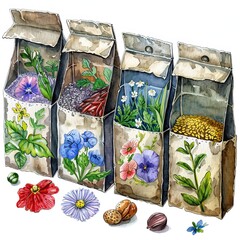 A charming watercolor illustration of seed packets with various garden flowers and seeds spilling out, symbolizing growth and gardening.