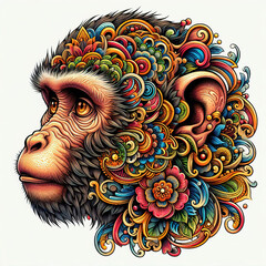  A monkey depicted in vibrant tattoo art style against a clean white transparent background