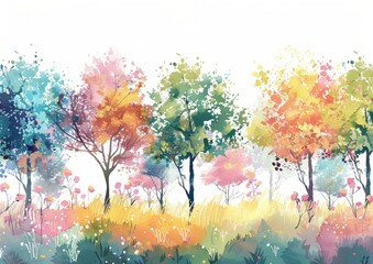Obraz na płótnie Canvas A beautiful watercolor painting of a colorful forest with trees and grass in soft green Generative AI