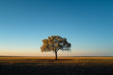 A serene image of a single tree standing tall in the middle of a vast, open field under the clear blue sky, symbolizing growth, strength, and sustainability on Earth Day.