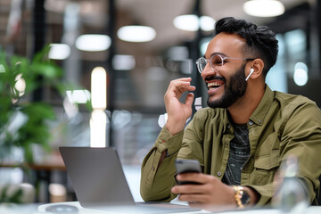 Joyful Professional Engaging in a Conversation Using Earbuds