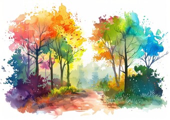 watercolour rainbow colours trees and bushes in the forest Generative AI