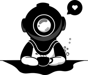 Cute Diver Drinking Coffee Cartoon Vector Icon Illustration Science Drink Icon Isolated Flat Vector