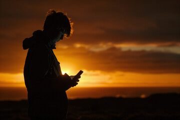 Contemplative Person with Smartphone in Sunset Backdrop