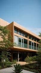 Fototapeta premium a modern glass building adorned with lush green plants, trees, and bushes, embodying the principles of business architecture, environmental friendliness, and eco-concept. 3D render