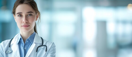 Fototapeta premium Woman doctor stands in front of a blurry hospital background